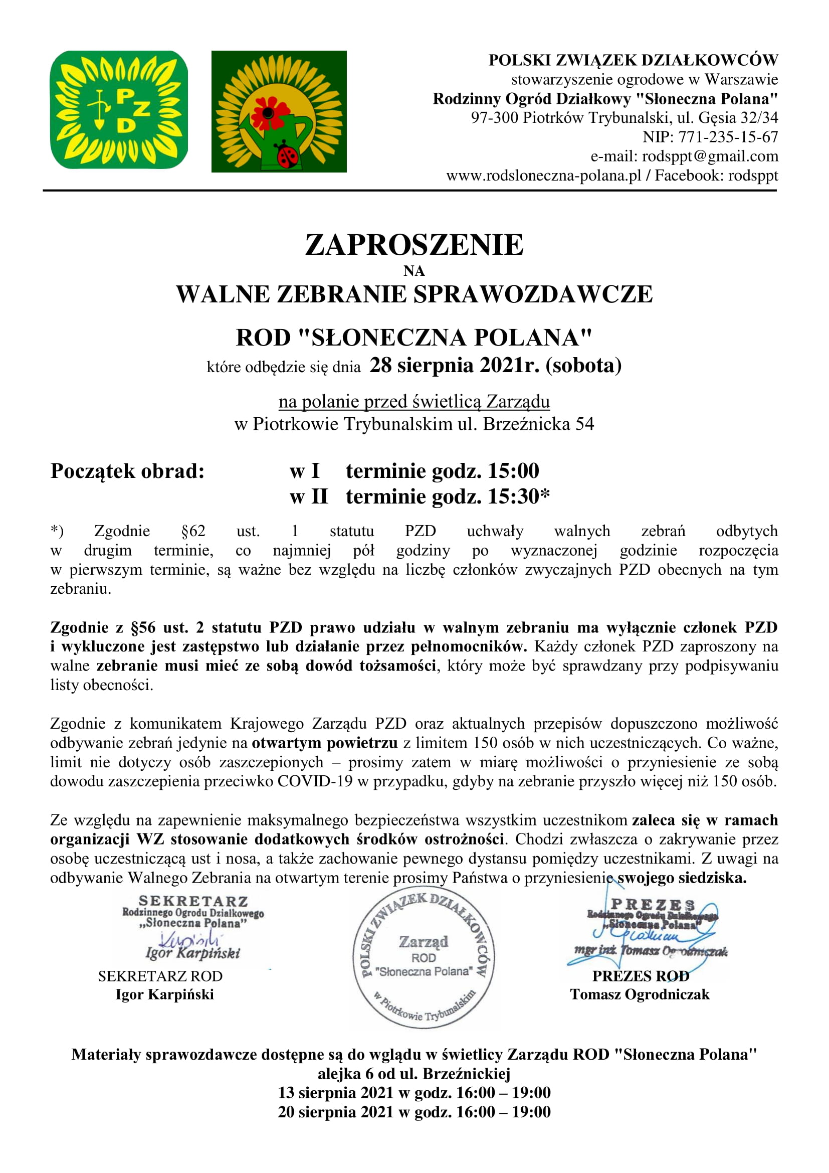Zaproszenie na Walne Zebranie Sprawozdawcze 1