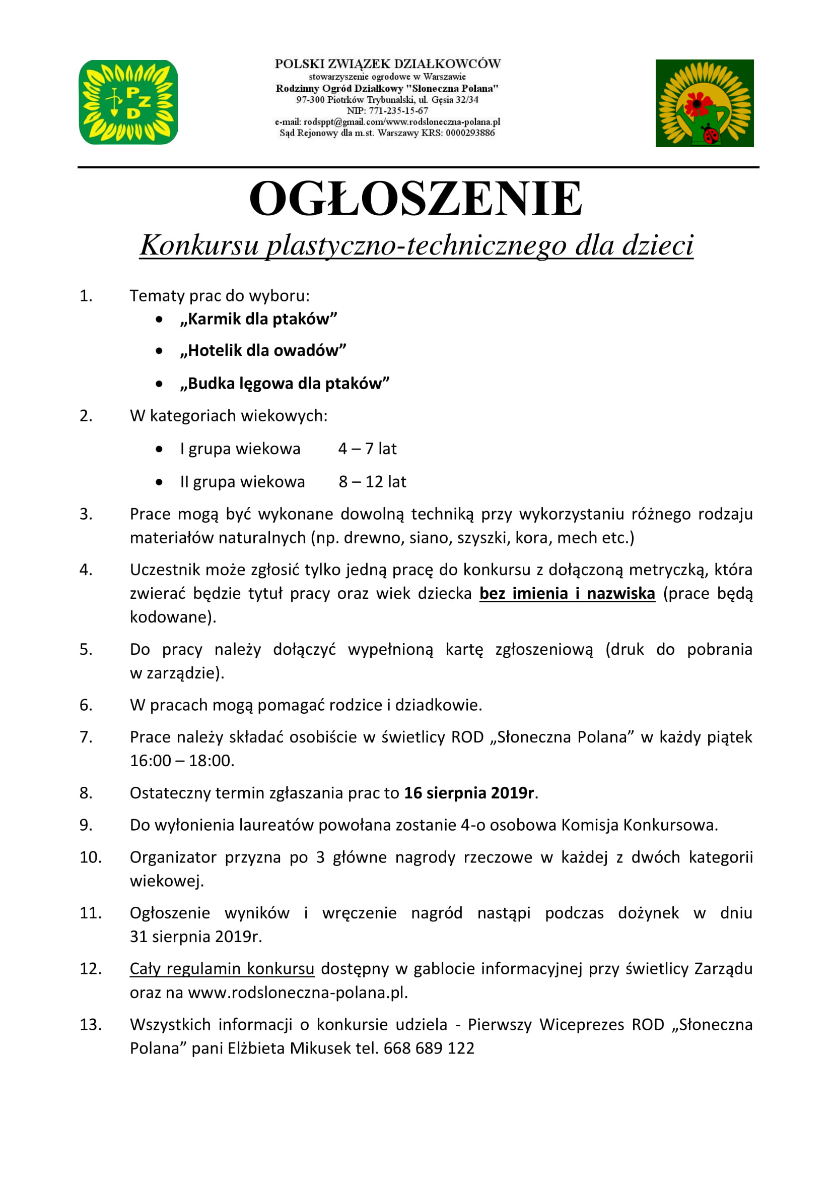 OGŁOSZENIE KONKURSU PLASTYCZNO TECHNICZNEGO 1