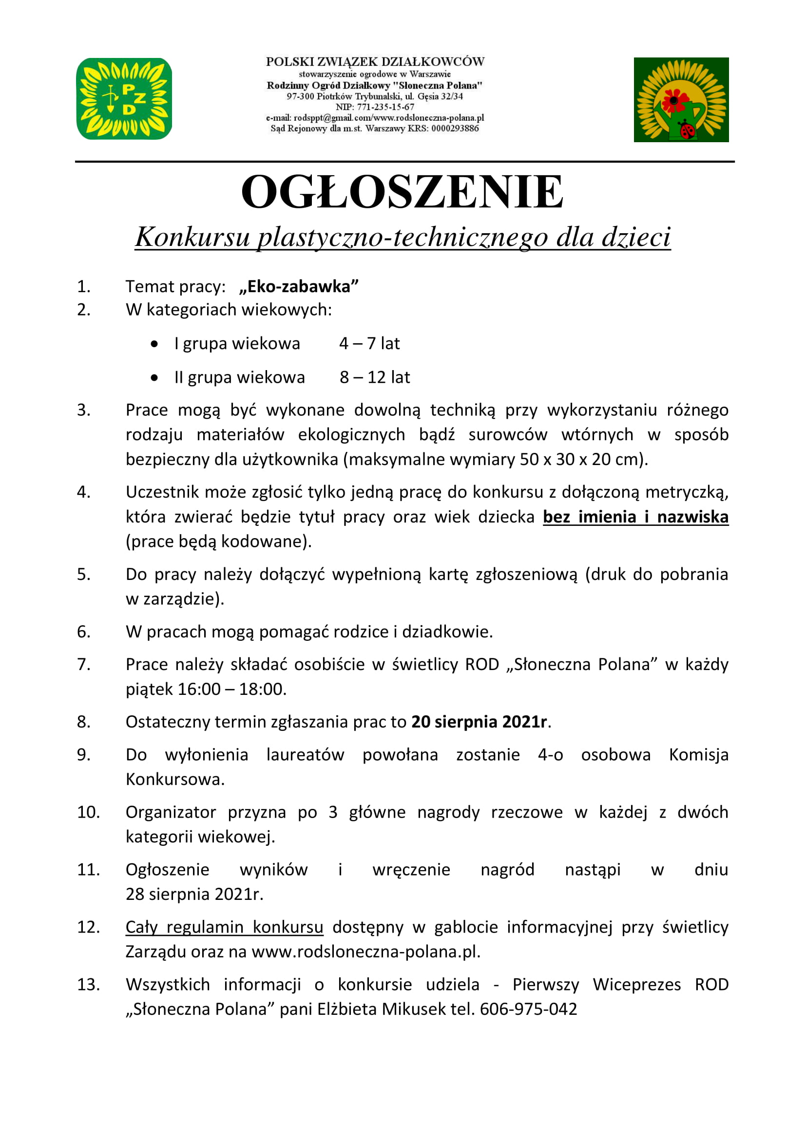 OGŁOSZENIE KONKURSU PLASTYCZNO TECHNICZNEGO 1