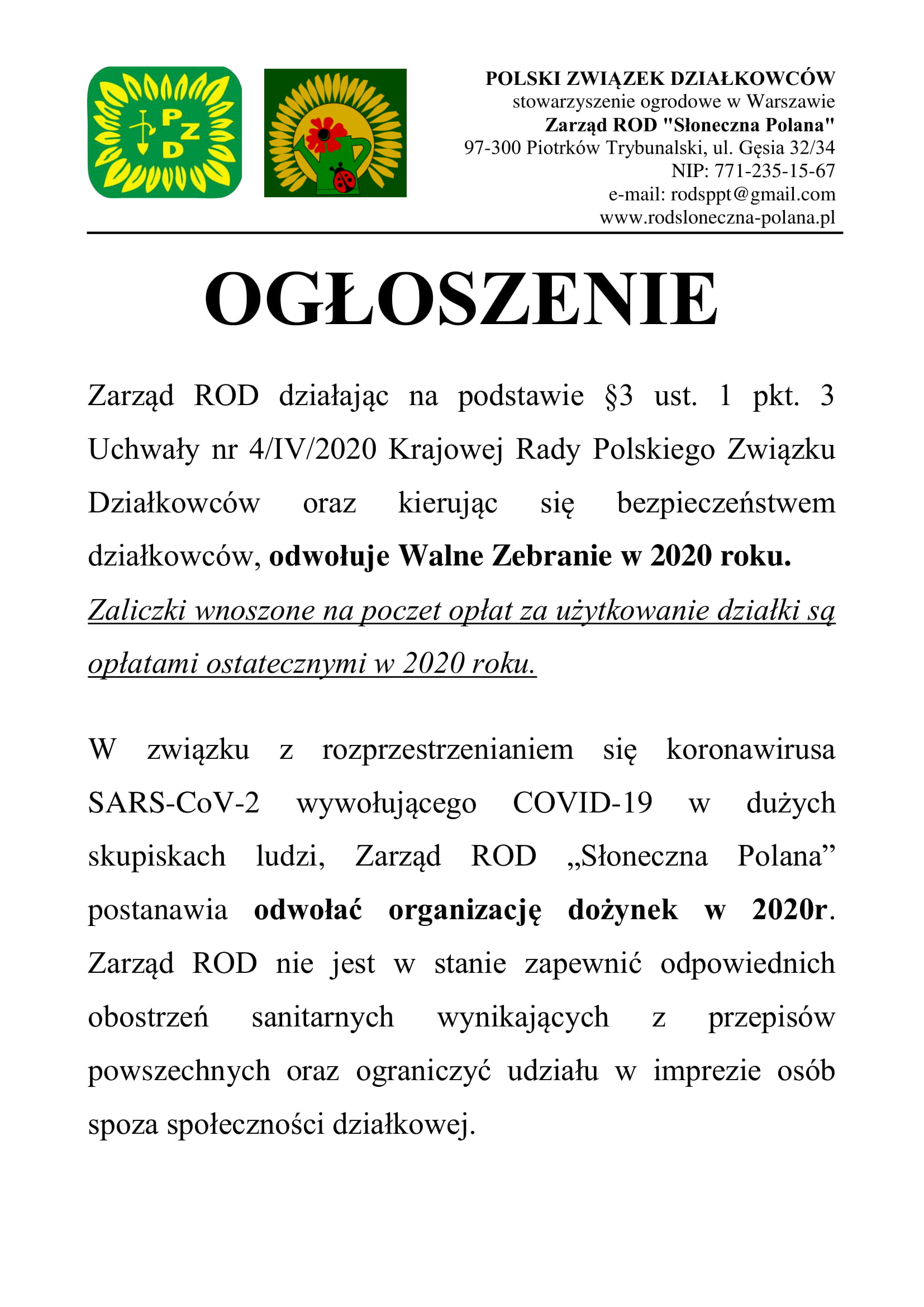 ogłoszenie odwołanie WZ i dożynek 1