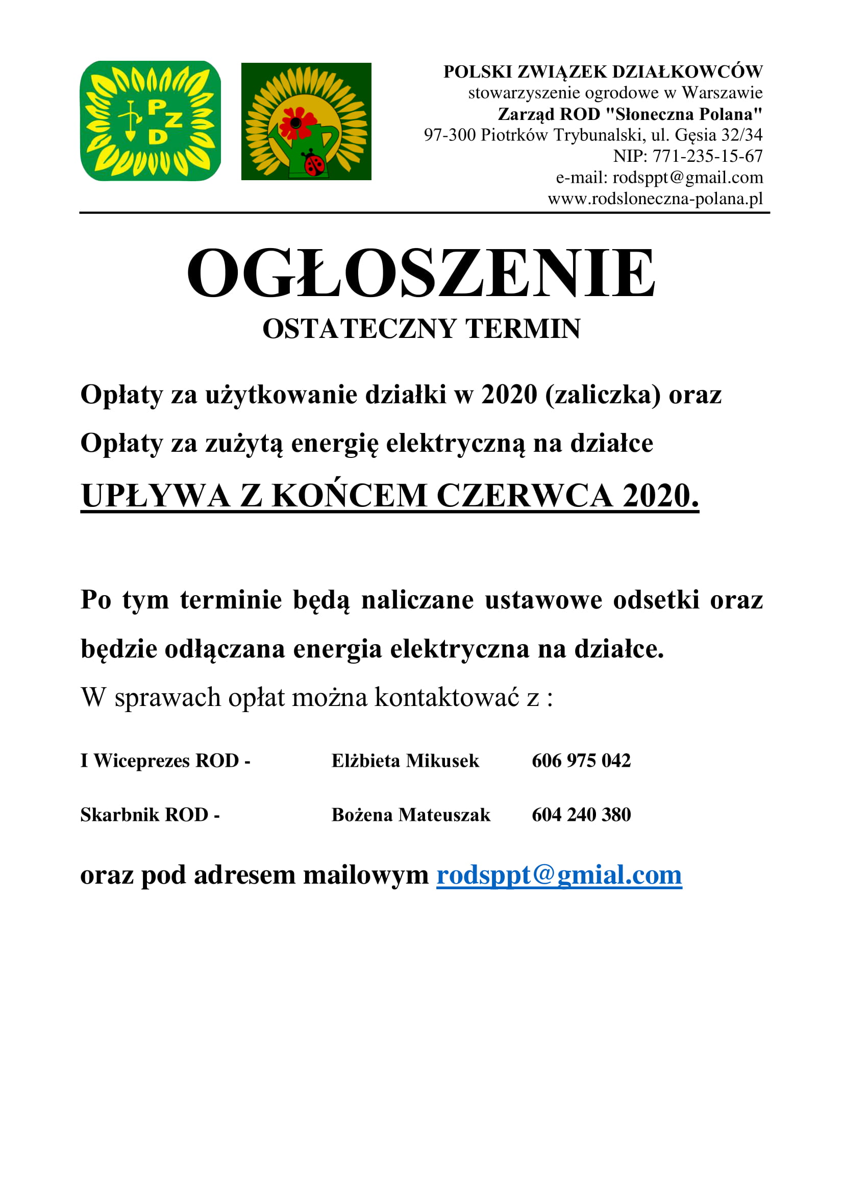 ogłoszenie oststeczny termin opłat 1