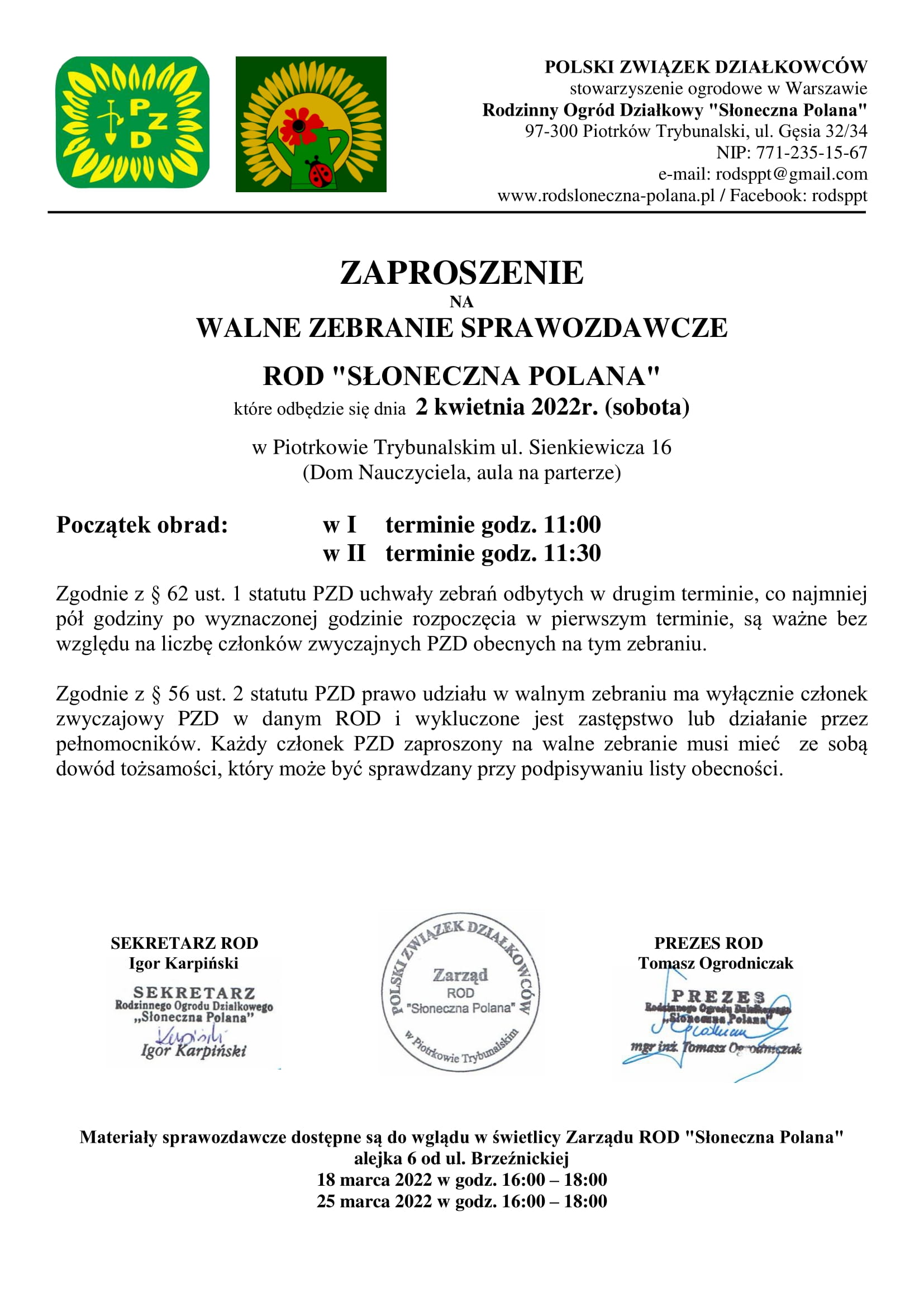 Zaproszenie na Walne Zebranie Sprawozdawcze 1